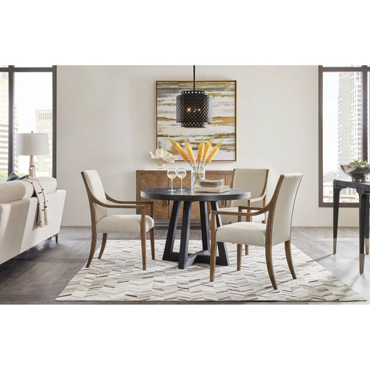 Chapman Shou Sugi Ban Petite Round Dining Table by Hooker Furniture in charred black. Made from pine veneers in a modern style.