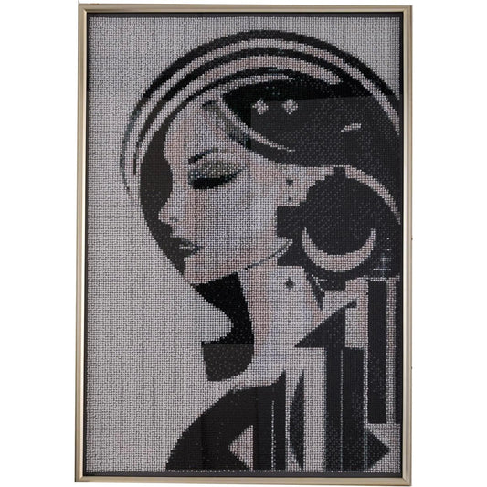 Diva by John-Richard in black, white, gray, silver. Made from push pins, canvas, silver wood, glass in a unique style.