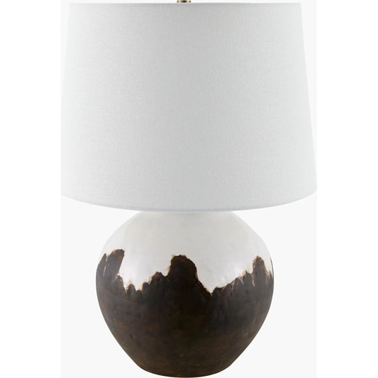 Jirapa Accent Table Lamp 624815 by Surya in body: brown; finial: gold; cord: translucent and glazedpainted. Made from ceramic, linen, plastic, iron in a modern style.