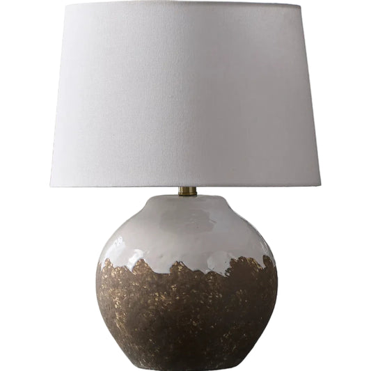 Jirapa Accent Table Lamp 624815 by Surya in body: brown; finial: gold; cord: translucent and glazedpainted. Made from ceramic, linen, plastic, iron in a unique style.