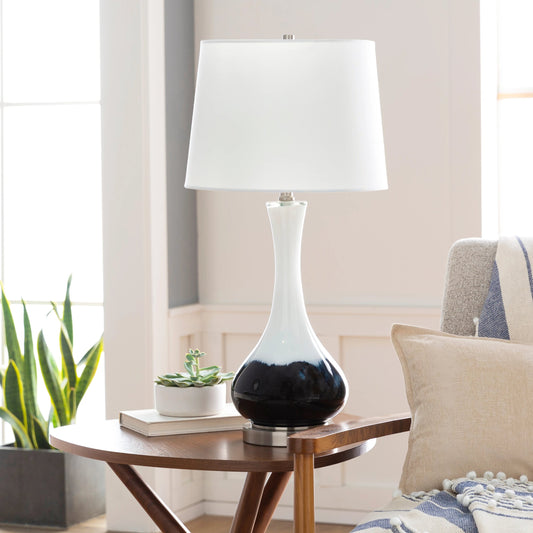 Julissa Table Lamp by Surya in multi and white, navy. Made from linen, glass, metal in a modern style.