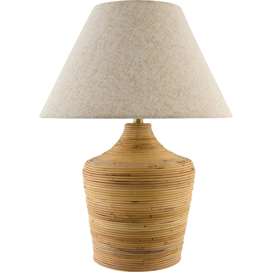 Jussac Accent Table Lamp by Surya in beige and natural. Made from rattan, linen, polyester, iron in a unique style.