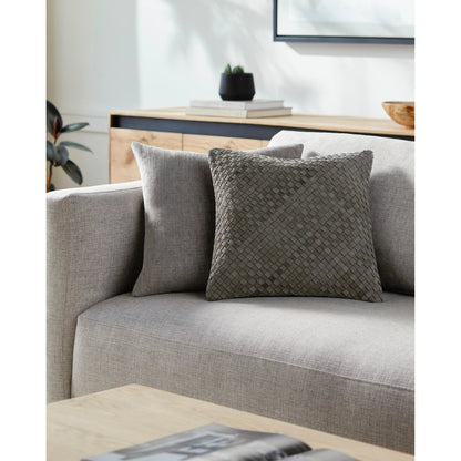 Joshua Pillow - 23354 by Surya in metallic - silver, ash, off-white. Made from front: 100% leather, back: 100% polyester in a modern style.