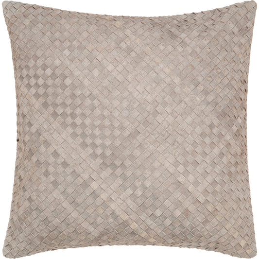Joshua Pillow - 23354 by Surya in metallic - silver, ash, off-white. Made from front: 100% leather, back: 100% polyester in a modern style.