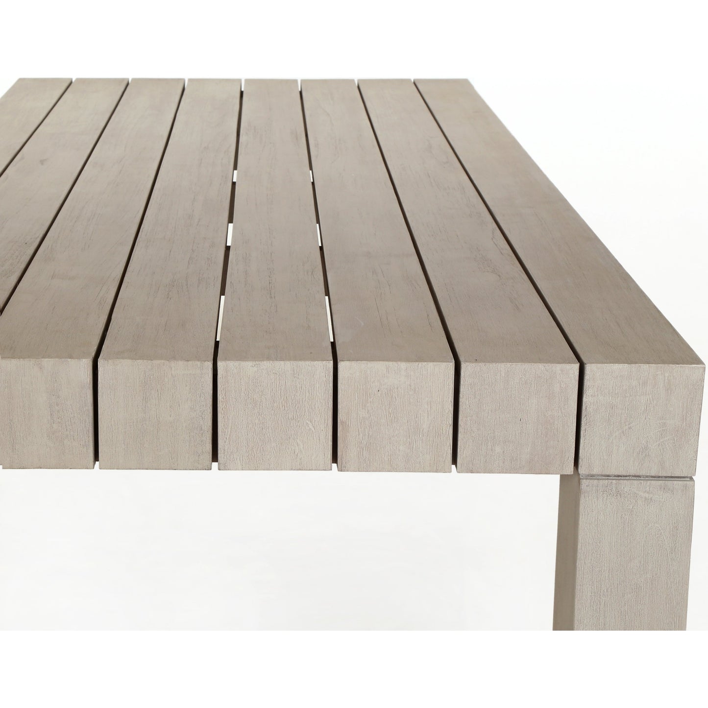 014 SI-1716798 | Closeup | Sonora Outdoor Dining Table by Four Hands in weathered grey. Made from solid teak in a modern style.