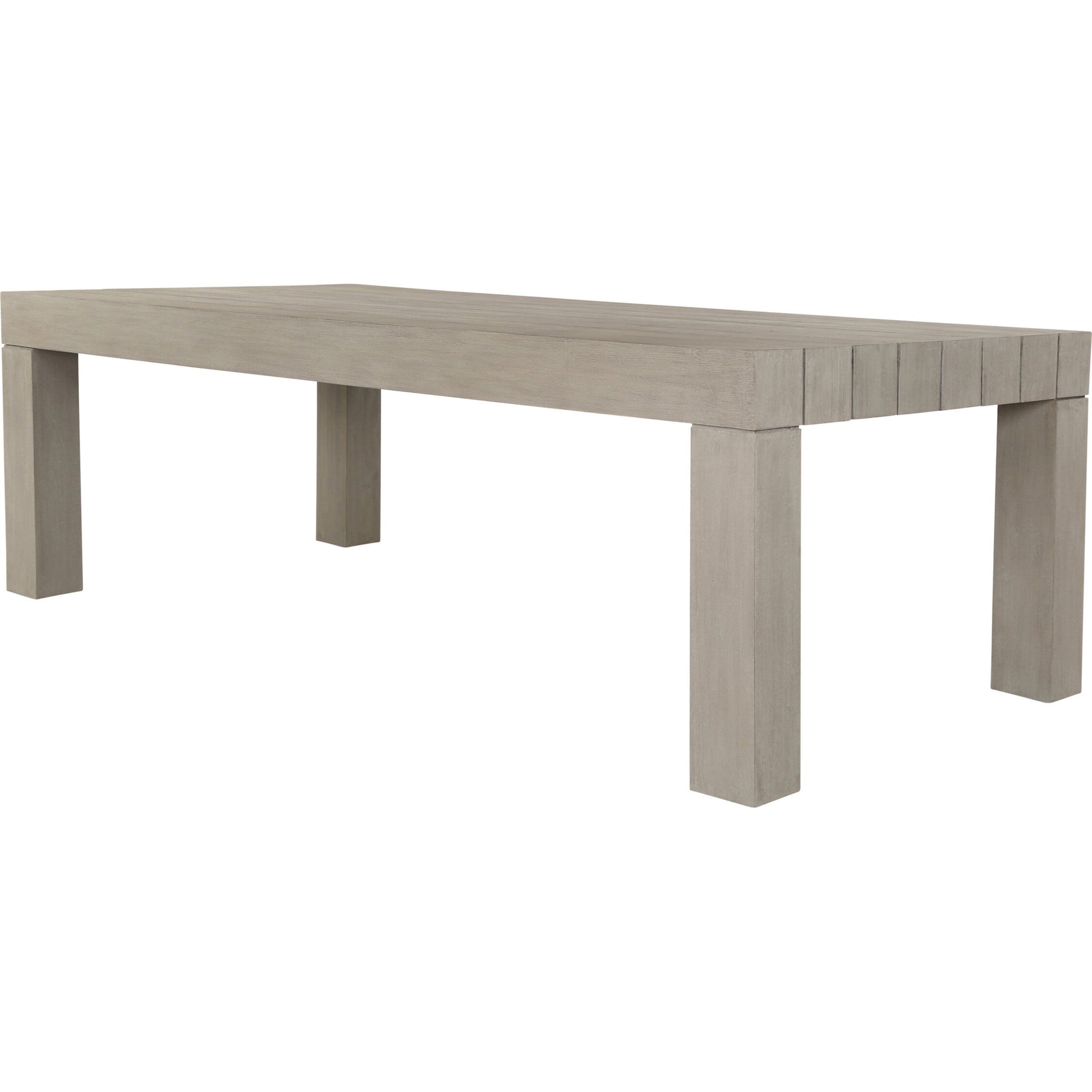 Sonora Outdoor Dining Table by Four Hands in weathered grey. Made from solid teak in a modern style.