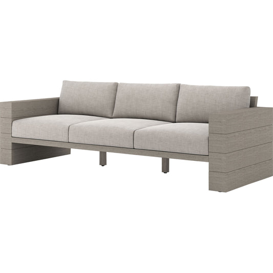 Leroy Outdoor Sofa by Four Hands. Made from 100% olefin, solid teak, 91% polyurethane foam pad, 9% polyester fiber batting in a coastal style.