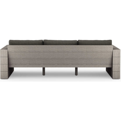 Leroy Outdoor Sofa by Four Hands. Made from 100% olefin, solid teak, 91% polyurethane foam pad, 9% polyester fiber batting in a coastal style.