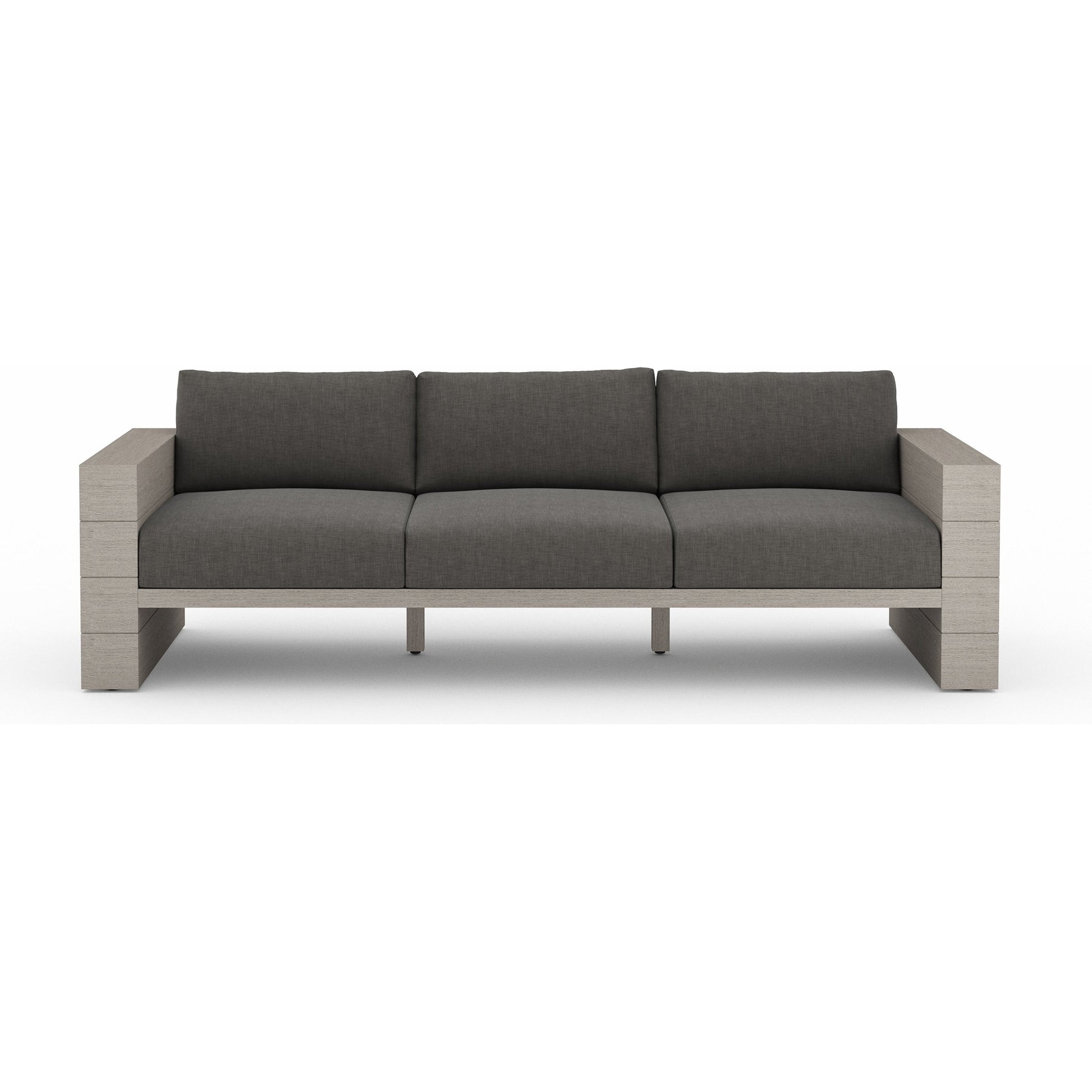 Leroy Outdoor Sofa by Four Hands. Made from 100% olefin, solid teak, 91% polyurethane foam pad, 9% polyester fiber batting in a coastal style.