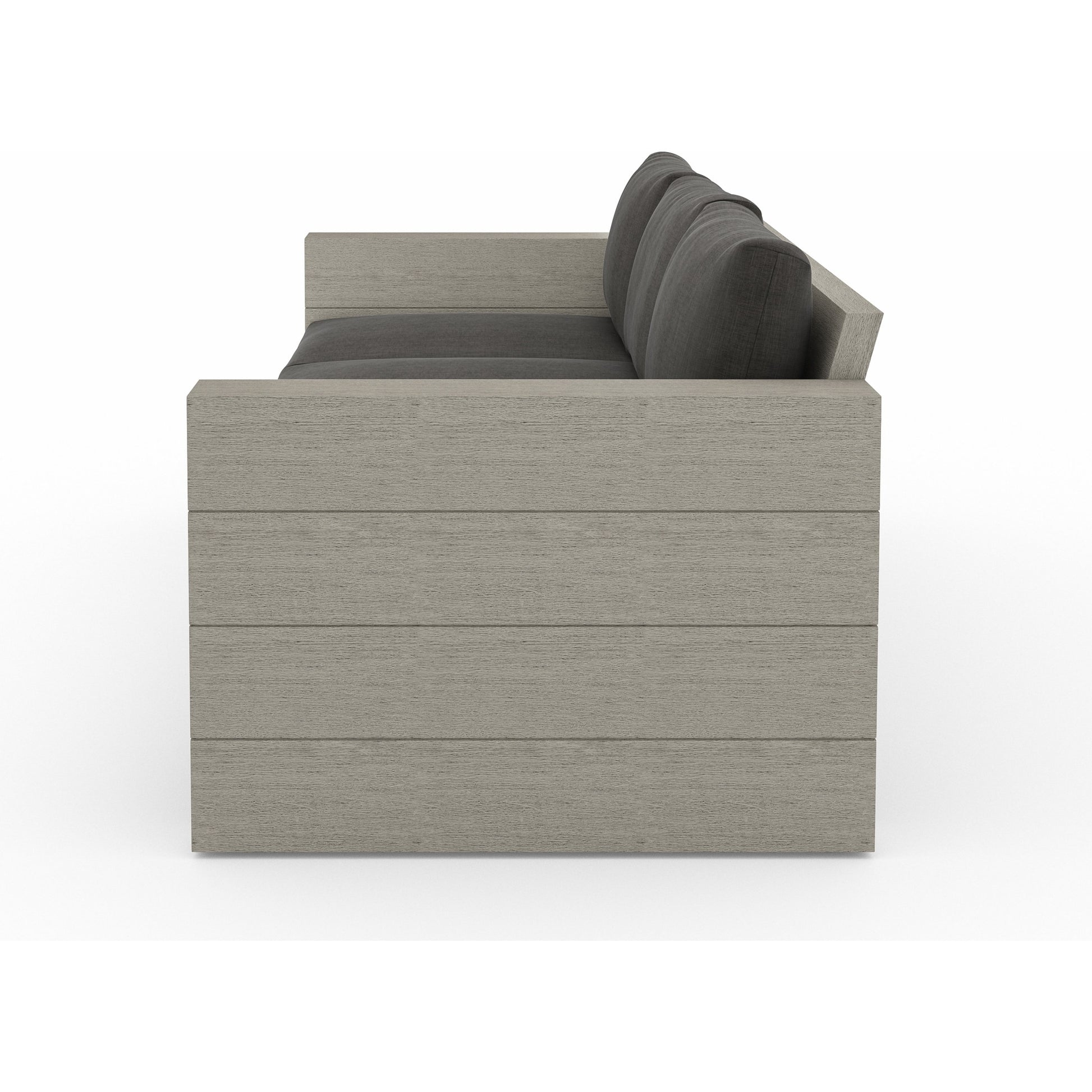 Leroy Outdoor Sofa by Four Hands. Made from 100% olefin, solid teak, 91% polyurethane foam pad, 9% polyester fiber batting in a coastal style.