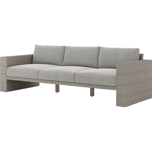 Leroy Outdoor Sofa by Four Hands. Made from 100% olefin, solid teak, 91% polyurethane foam pad, 9% polyester fiber batting in a coastal style.