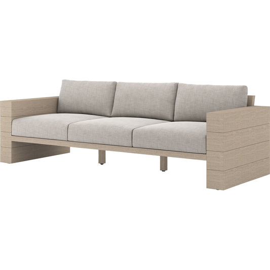 Leroy Outdoor Sofa by Four Hands. Made from 100% olefin, solid teak, 91% polyurethane foam pad, 9% polyester fiber batting in a coastal style.