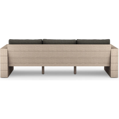 Leroy Outdoor Sofa by Four Hands. Made from 100% olefin, solid teak, 91% polyurethane foam pad, 9% polyester fiber batting in a coastal style.