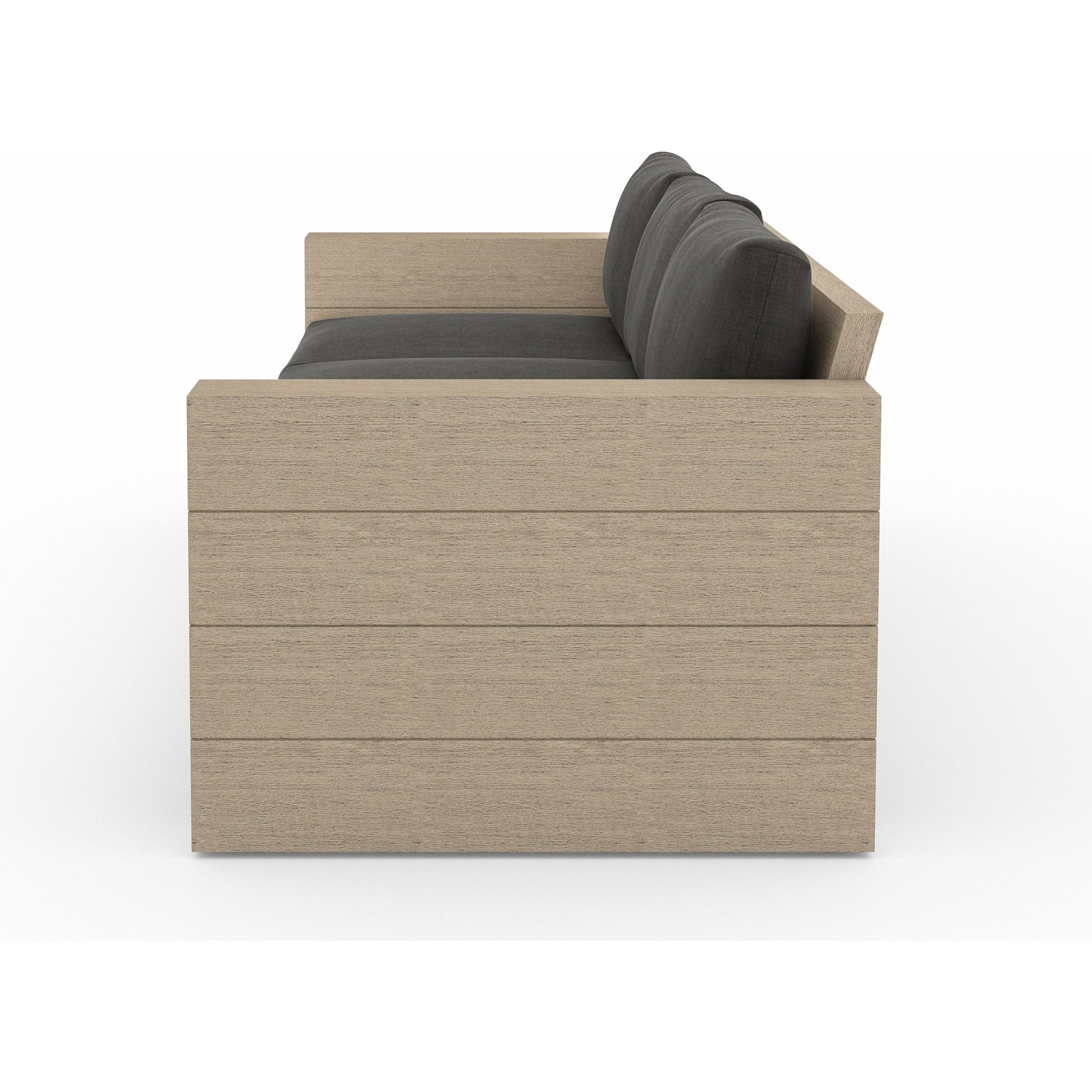 Leroy Outdoor Sofa by Four Hands. Made from 100% olefin, solid teak, 91% polyurethane foam pad, 9% polyester fiber batting in a coastal style.