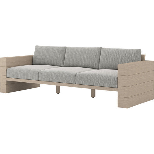 Leroy Outdoor Sofa by Four Hands. Made from 100% olefin, solid teak, 91% polyurethane foam pad, 9% polyester fiber batting in a coastal style.