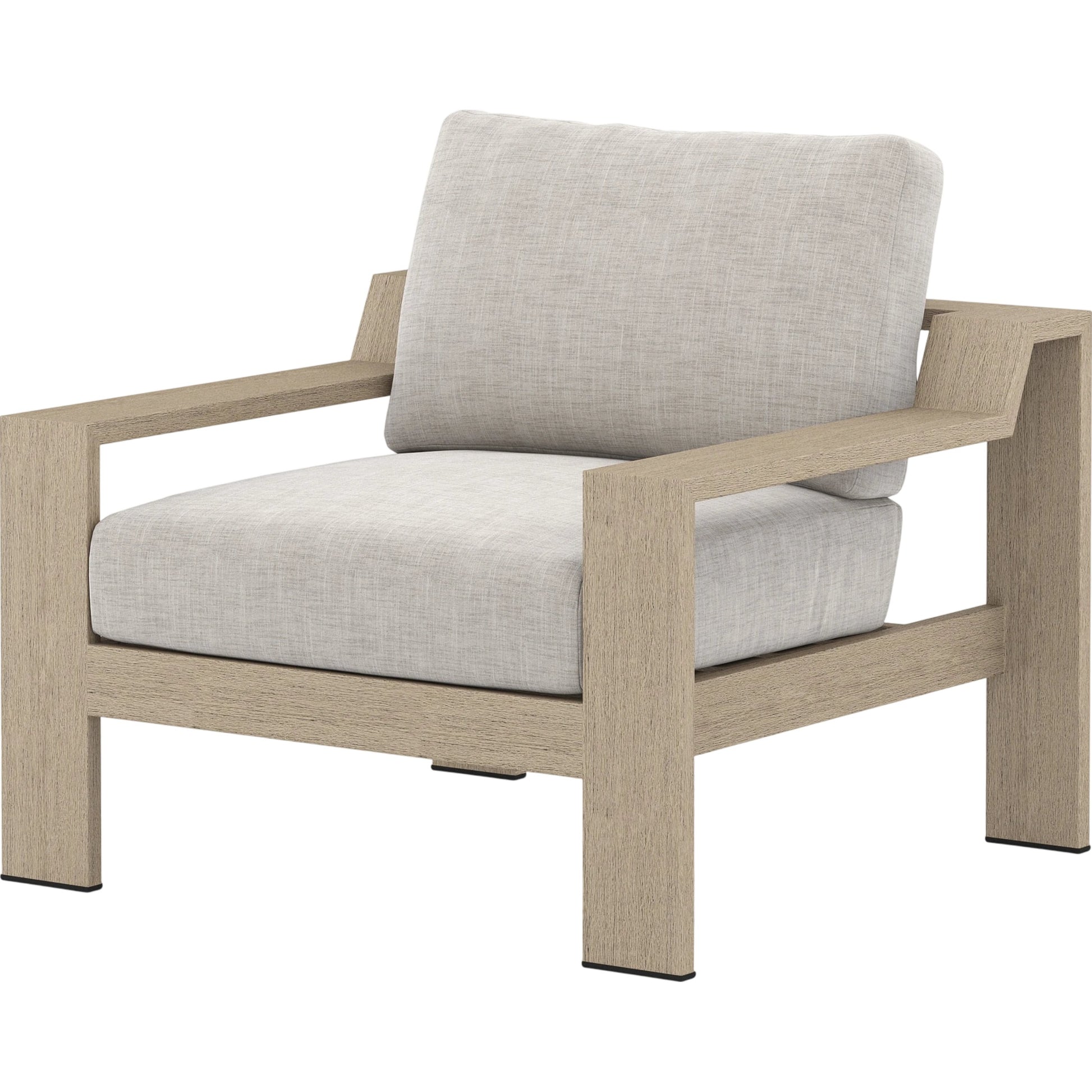 Monterey Outdoor Chair by Four Hands in stone gray, washed brown. Made from 100% olefin, solid fsc®-certified teak, 59% polyurethane foam, 30% polyester fiber, 11% polyester fiber batting in a coastal style.