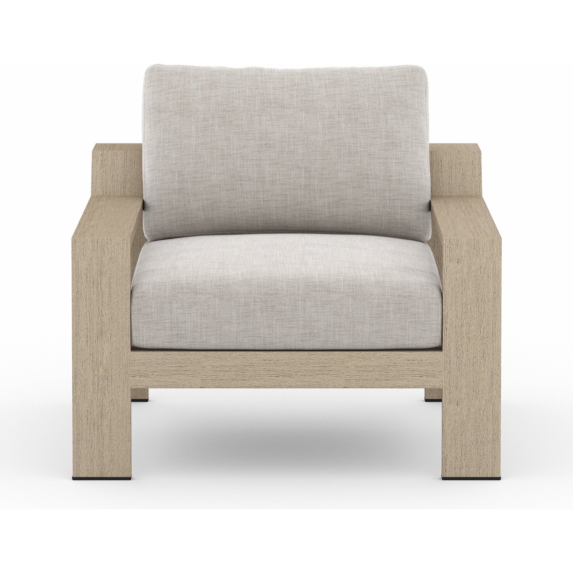 Monterey Outdoor Chair by Four Hands in stone gray, washed brown. Made from 100% olefin, solid fsc®-certified teak, 59% polyurethane foam, 30% polyester fiber, 11% polyester fiber batting in a coastal style.