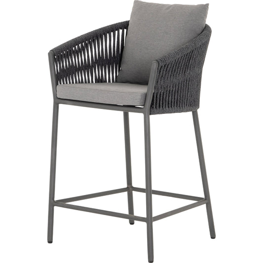 Porto Outdoor Counter Stool by Four Hands in charcoal. Made from 100% olefin, aluminum, 100% polypropylene in a modern style.