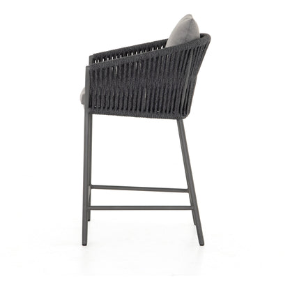 Porto Outdoor Counter Stool by Four Hands in charcoal. Made from 100% olefin, aluminum, 100% polypropylene in a modern style.