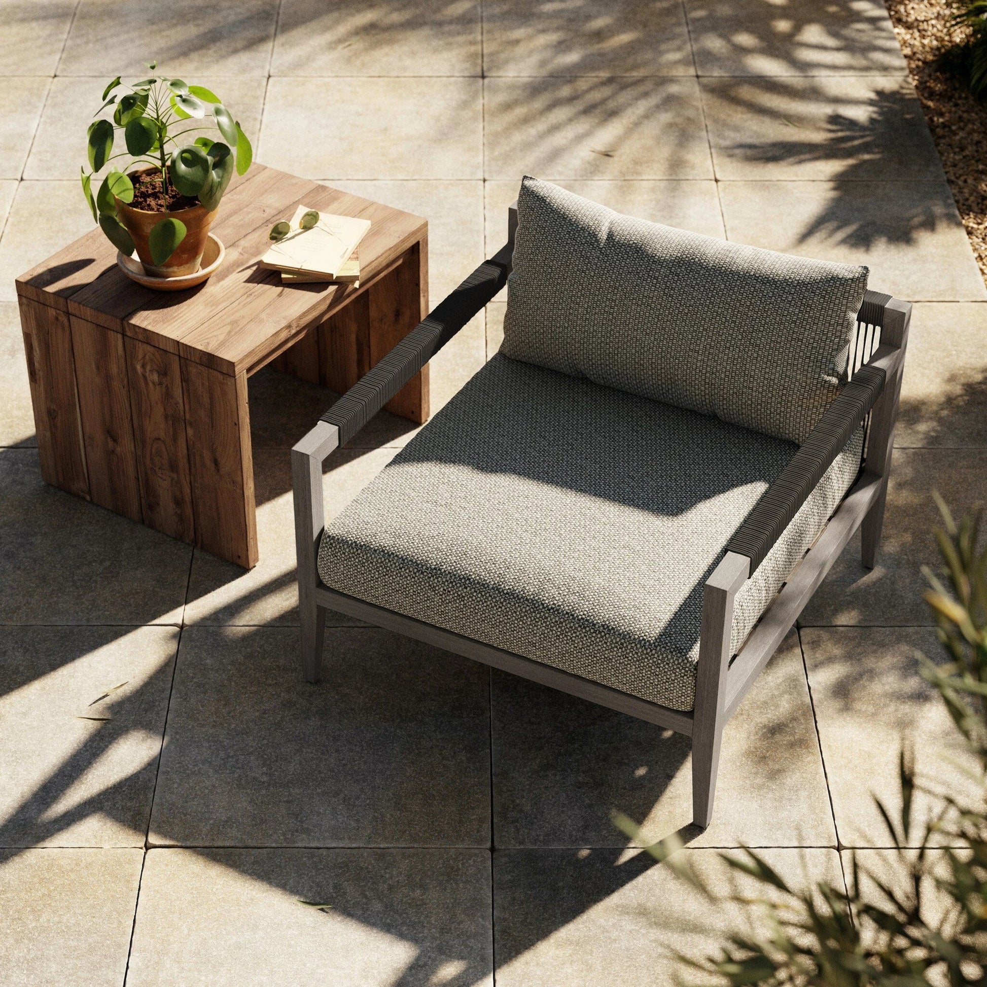 Sherwood Outdoor Chair, Weathered Grey by Four Hands. Made from 100% olefin, solid fsc®-certified teak, 100% polypropylene in a coastal style.