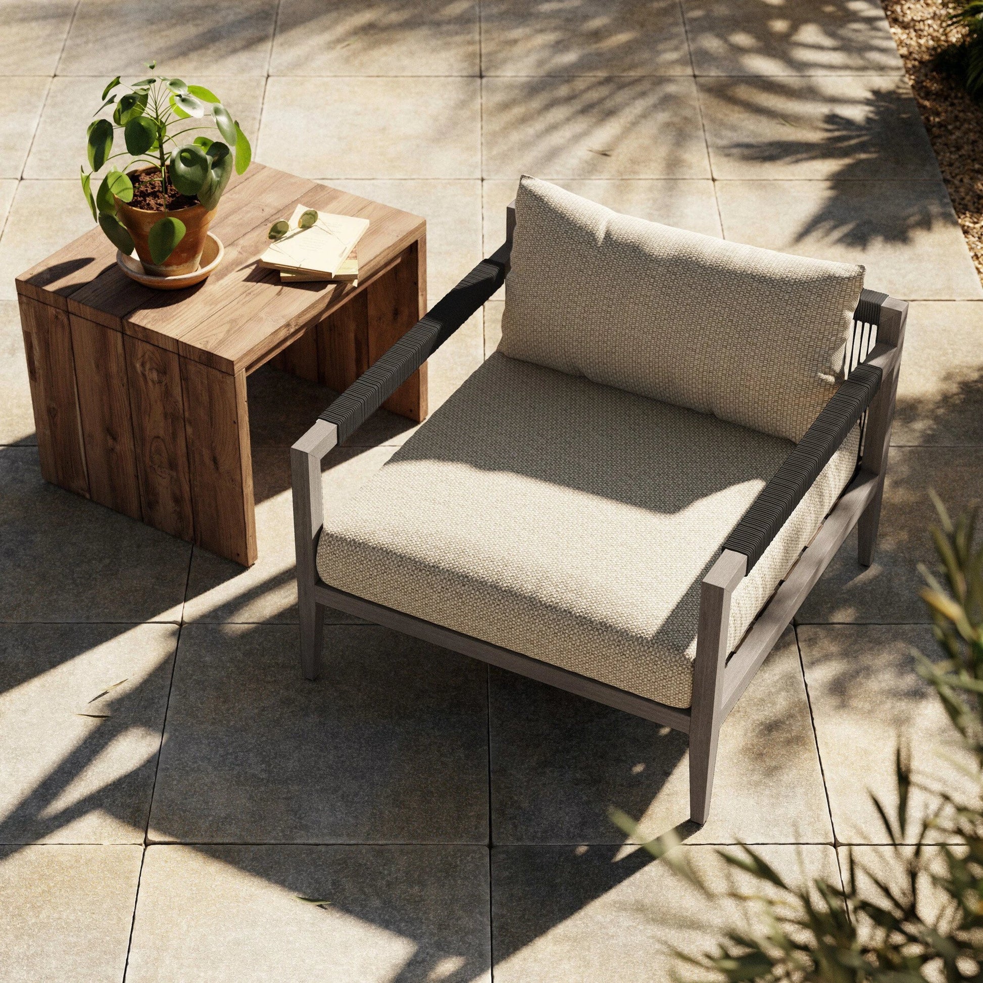 Sherwood Outdoor Chair, Weathered Grey by Four Hands. Made from 100% olefin, solid fsc®-certified teak, 100% polypropylene in a coastal style.