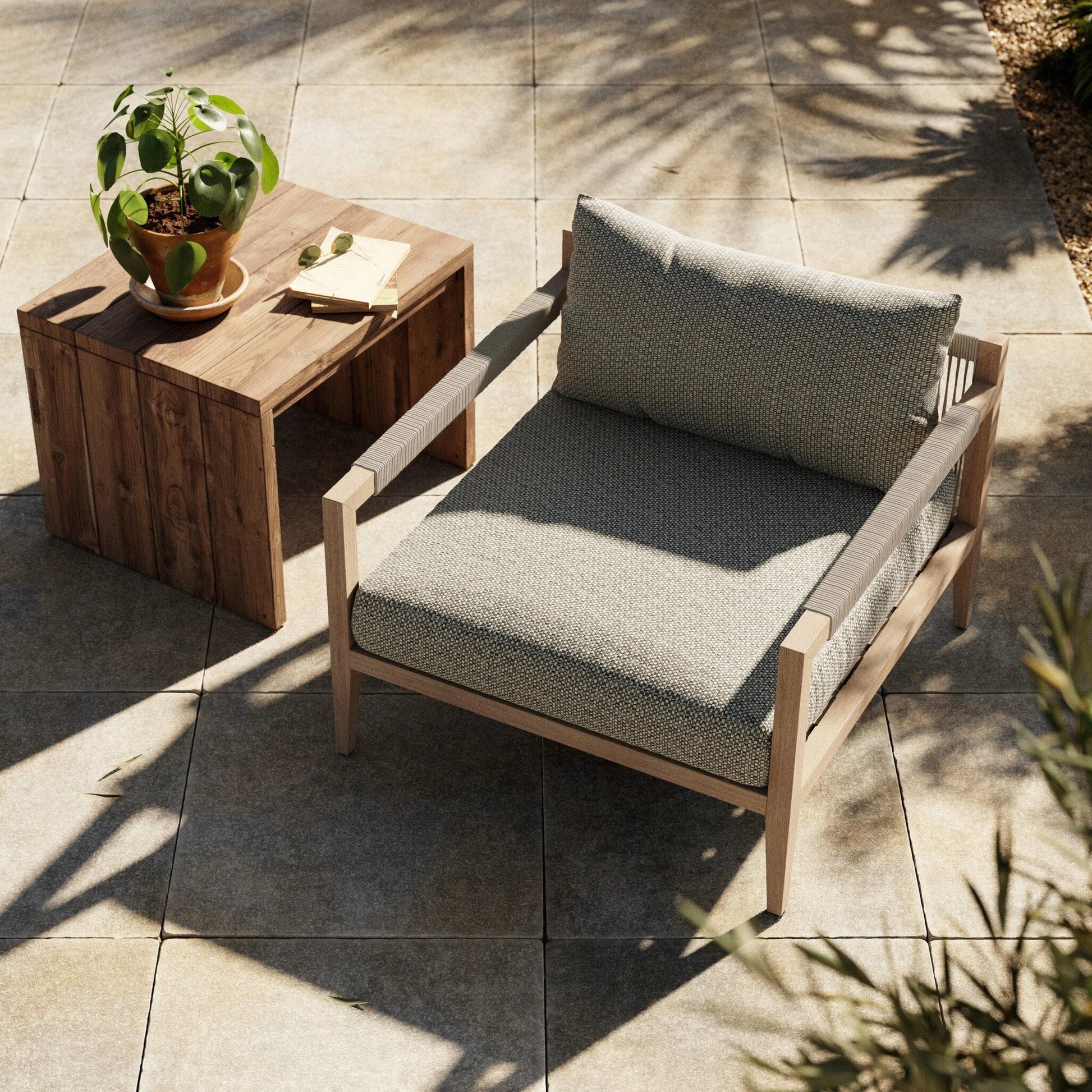 Sherwood Outdoor Chair, Washed Brown by Four Hands. Made from 100% olefin, solid fsc®-certified teak, 100% polypropylene in a coastal style.