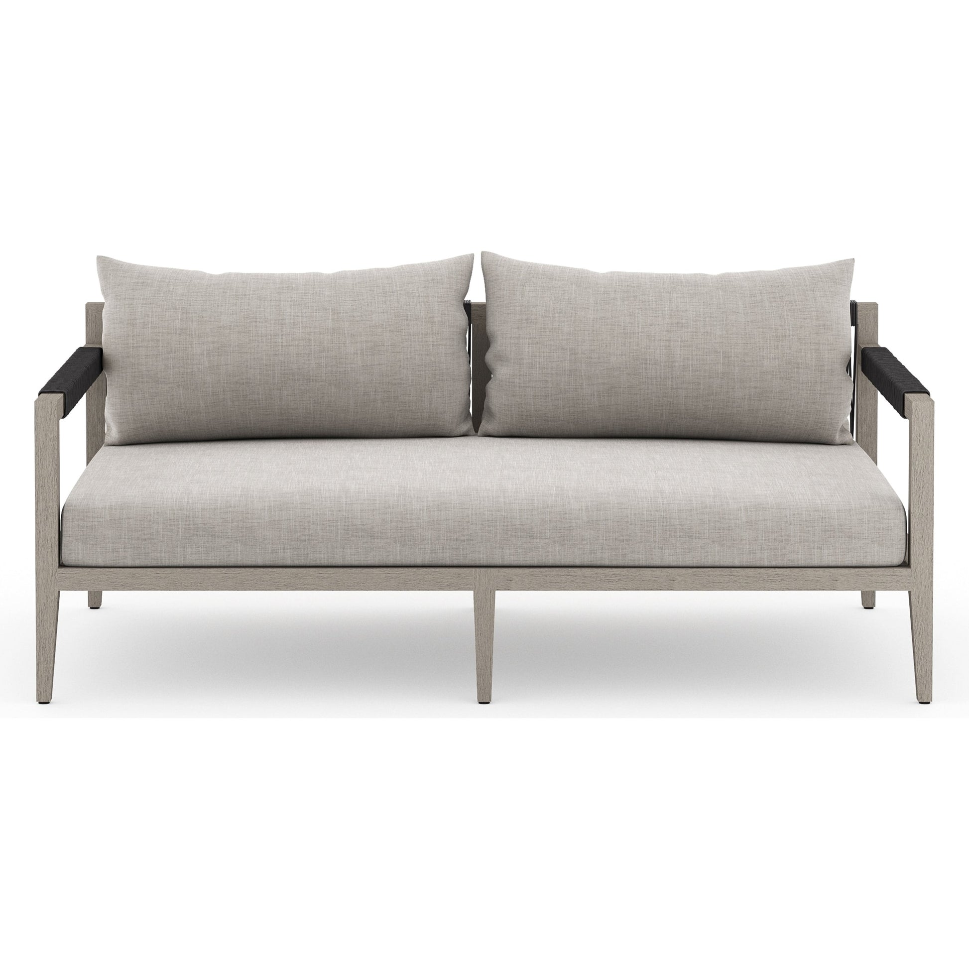 Sherwood Outdoor Sofa, Weathered Grey by Four Hands. Made from 100% olefin, solid fsc®-certified teak, 100% polypropylene in a coastal style.