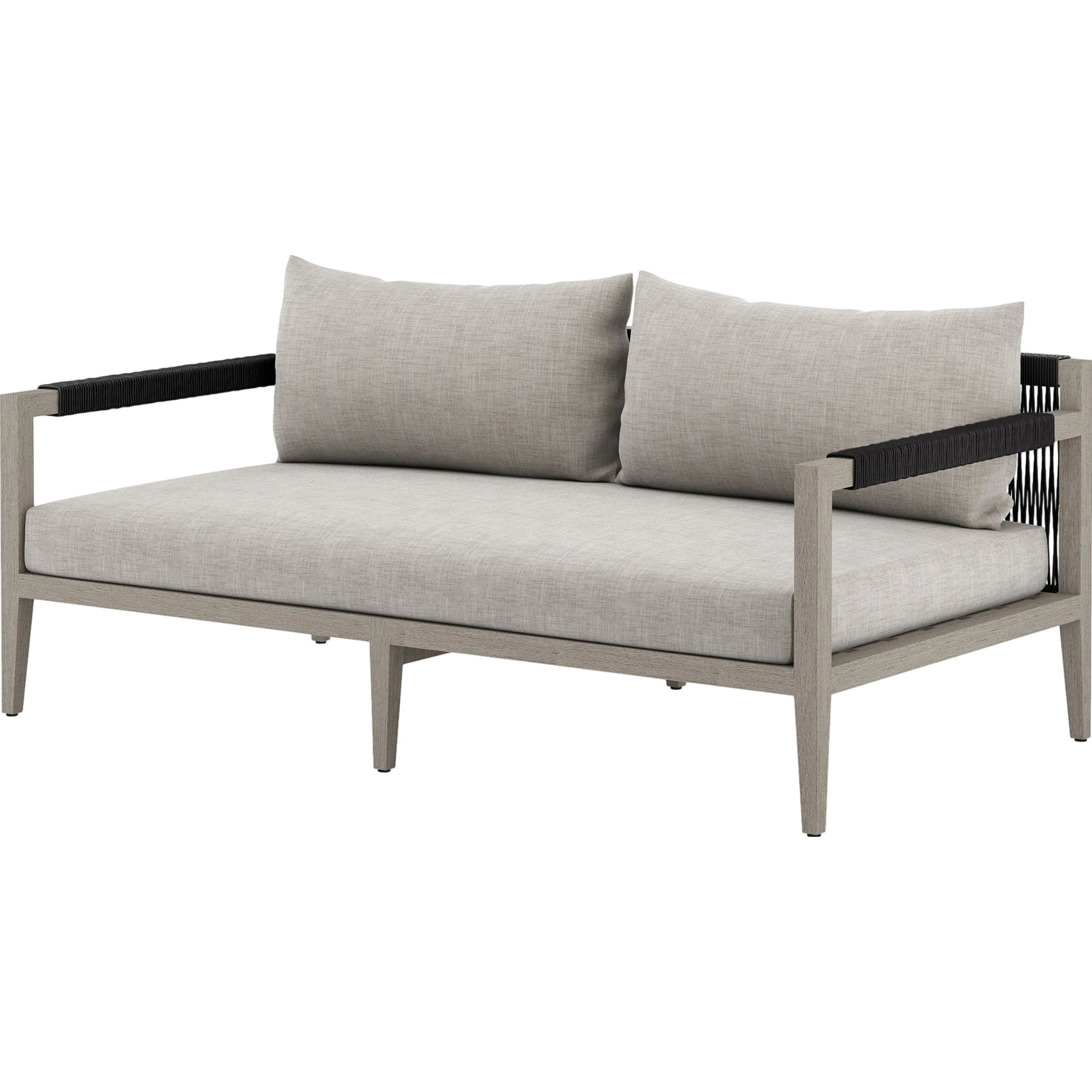 Sherwood Outdoor Sofa, Weathered Grey by Four Hands. Made from 100% olefin, solid fsc®-certified teak, 100% polypropylene in a coastal style.