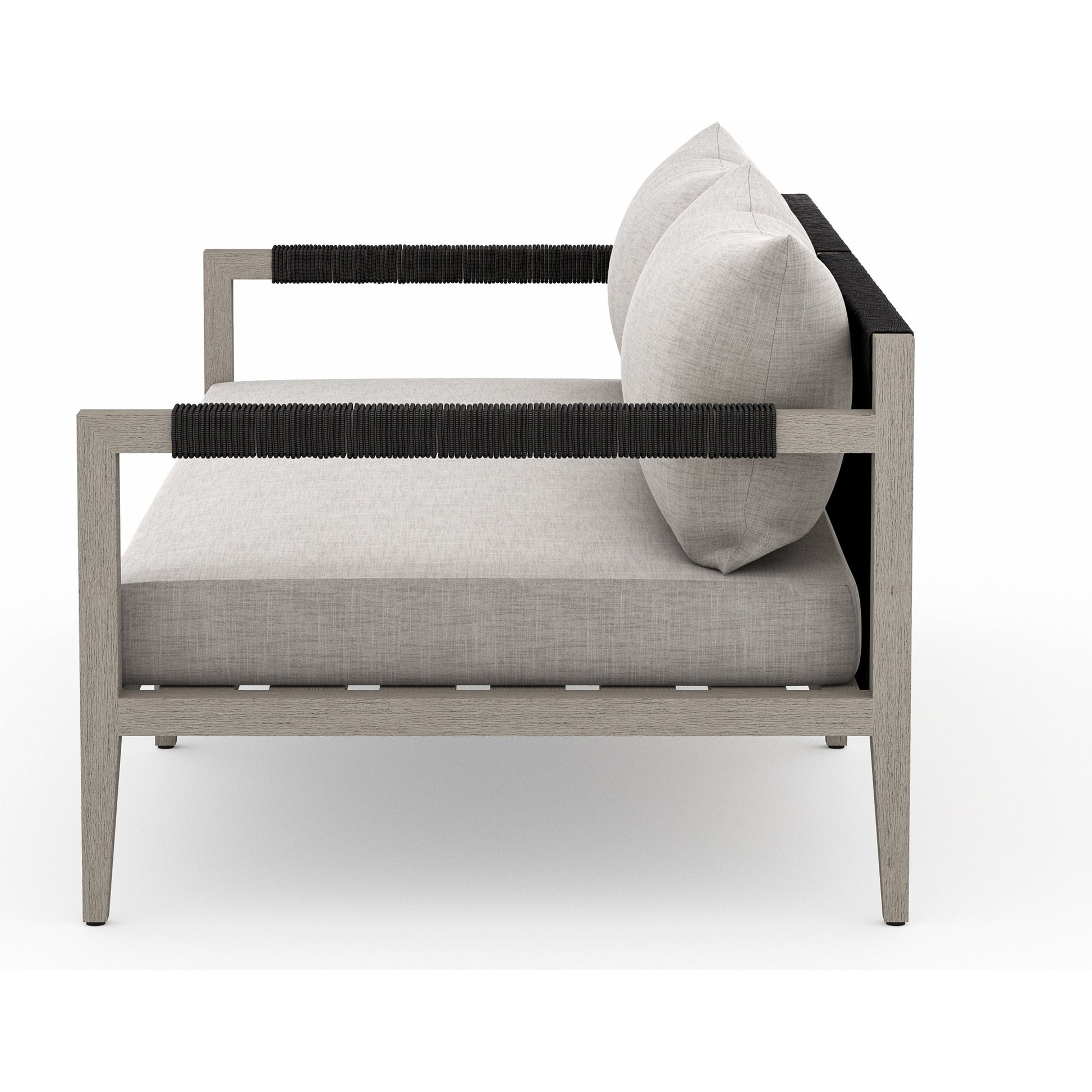 Sherwood Outdoor Sofa, Weathered Grey by Four Hands. Made from 100% olefin, solid fsc®-certified teak, 100% polypropylene in a coastal style.