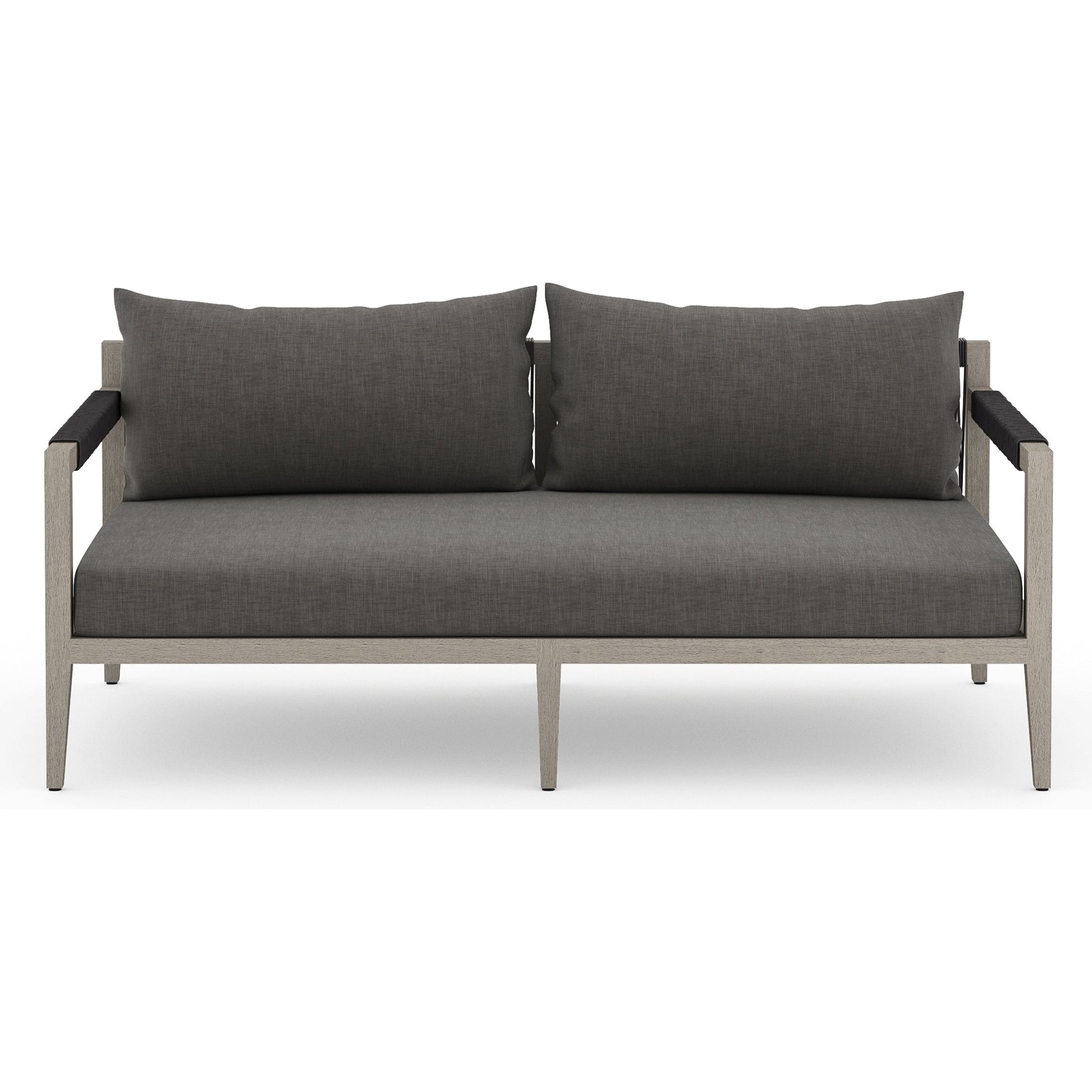Sherwood Outdoor Sofa, Weathered Grey by Four Hands. Made from 100% olefin, solid fsc®-certified teak, 100% polypropylene in a coastal style.