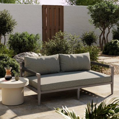 Sherwood Outdoor Sofa, Weathered Grey by Four Hands. Made from 100% olefin, solid fsc®-certified teak, 100% polypropylene in a coastal style.