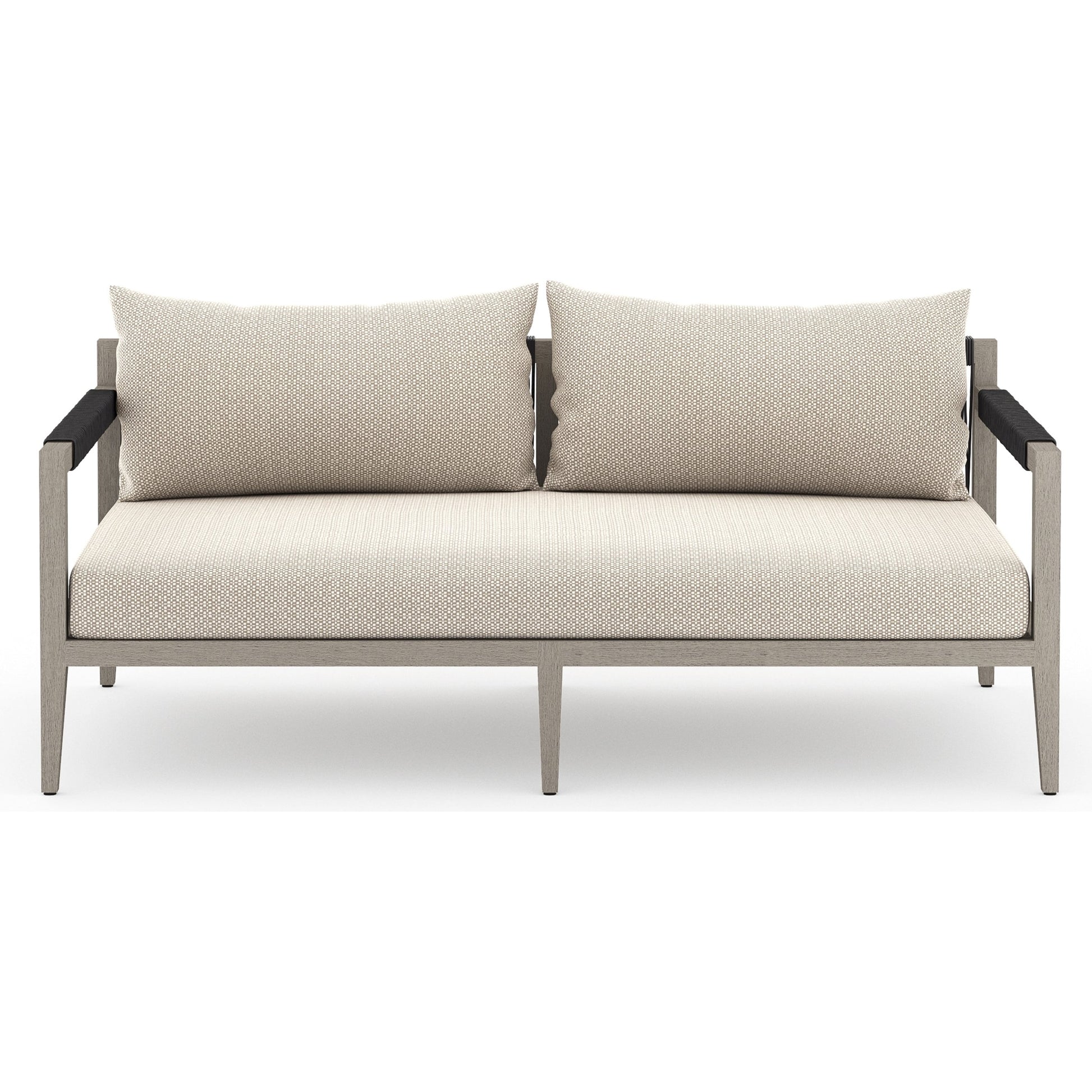 Sherwood Outdoor Sofa, Weathered Grey by Four Hands. Made from 100% olefin, solid fsc®-certified teak, 100% polypropylene in a coastal style.