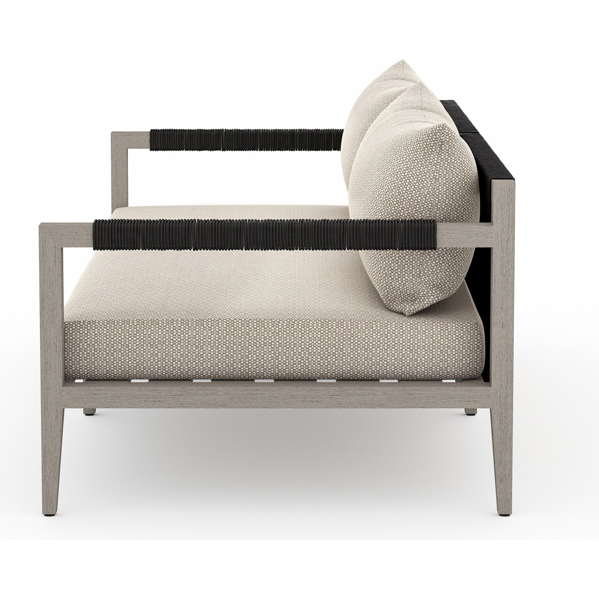 Sherwood Outdoor Sofa, Weathered Grey by Four Hands. Made from 100% olefin, solid fsc®-certified teak, 100% polypropylene in a coastal style.