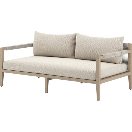 Sherwood Outdoor Sofa, Washed Brown by Four Hands. Made from 100% olefin, solid fsc®-certified teak, 100% polypropylene in a coastal style.