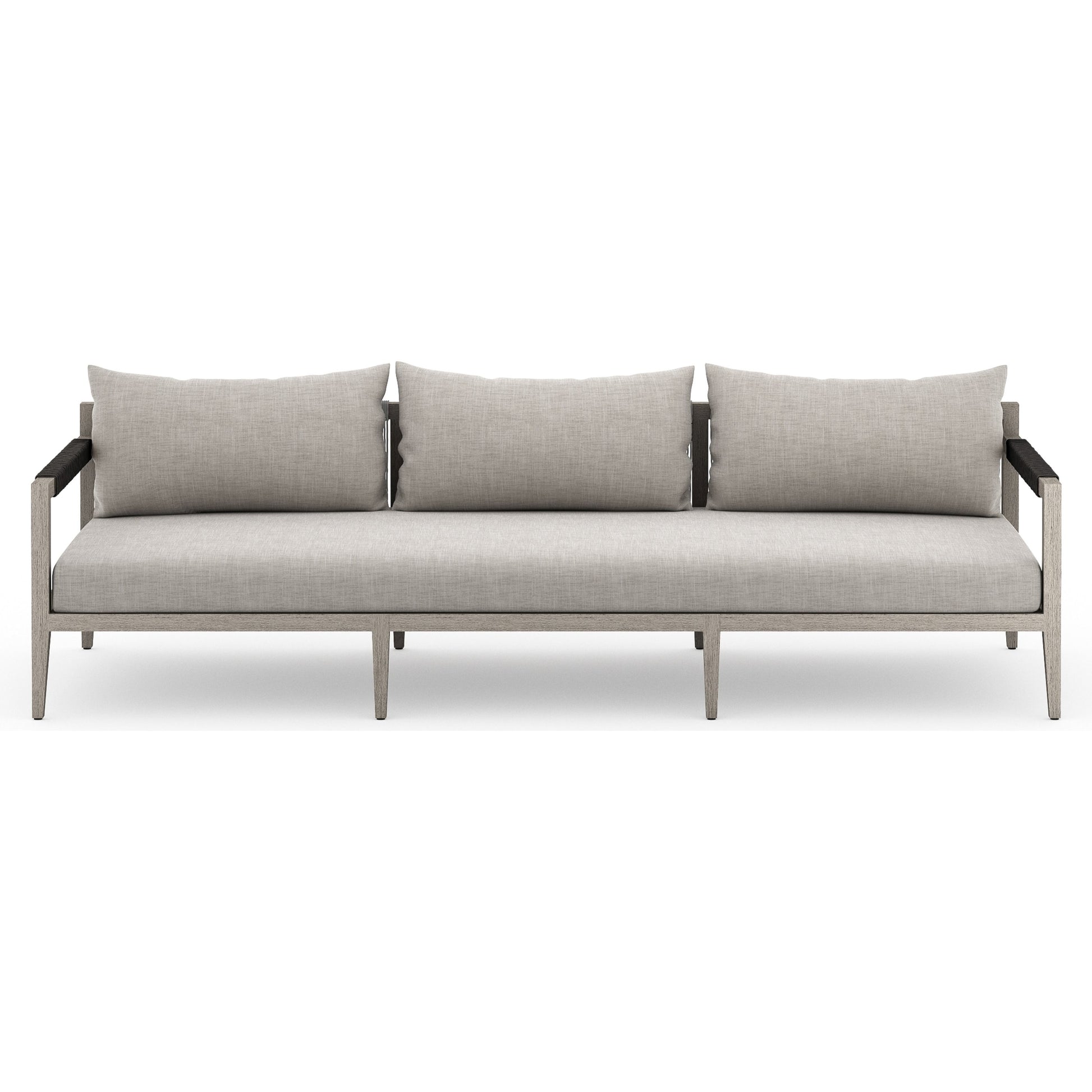 Sherwood Outdoor Sofa, Weathered Grey by Four Hands. Made from 100% olefin, solid fsc®-certified teak, 100% polypropylene in a coastal style.