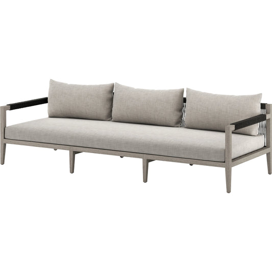 Sherwood Outdoor Sofa, Weathered Grey by Four Hands. Made from 100% olefin, solid fsc®-certified teak, 100% polypropylene in a coastal style.