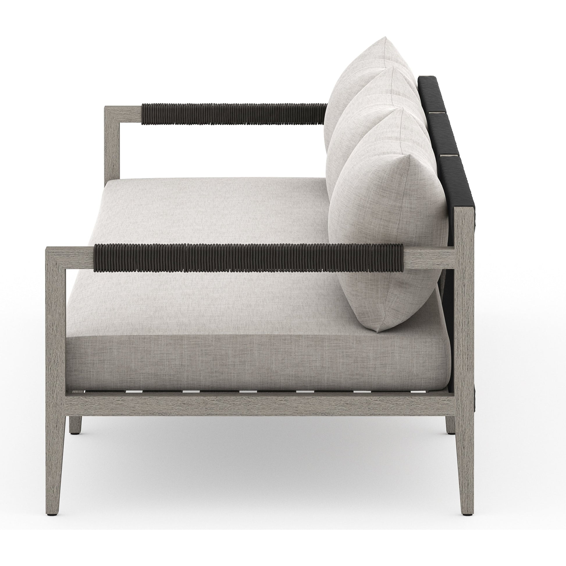 Sherwood Outdoor Sofa, Weathered Grey by Four Hands. Made from 100% olefin, solid fsc®-certified teak, 100% polypropylene in a coastal style.
