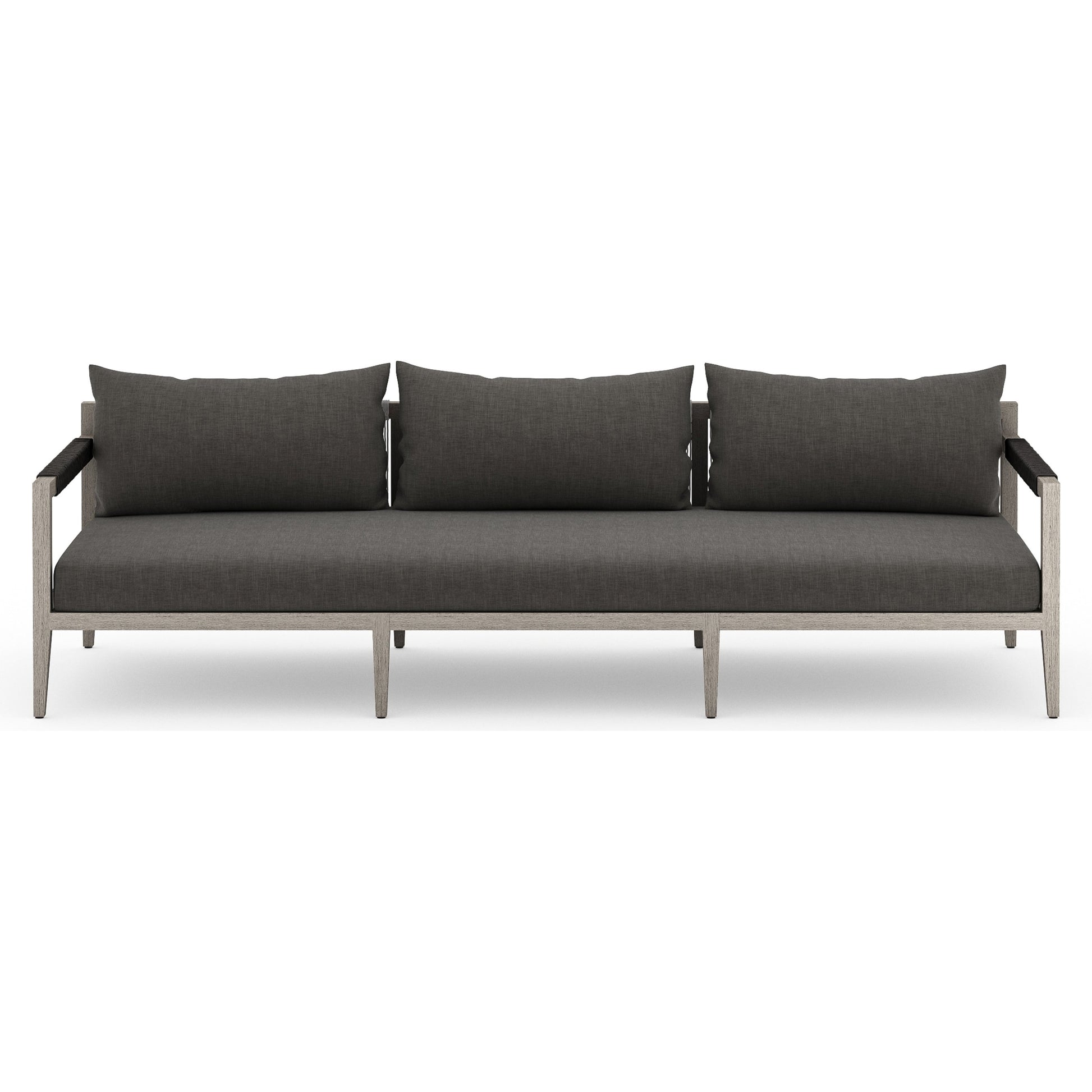 Sherwood Outdoor Sofa, Weathered Grey by Four Hands. Made from 100% olefin, solid fsc®-certified teak, 100% polypropylene in a coastal style.