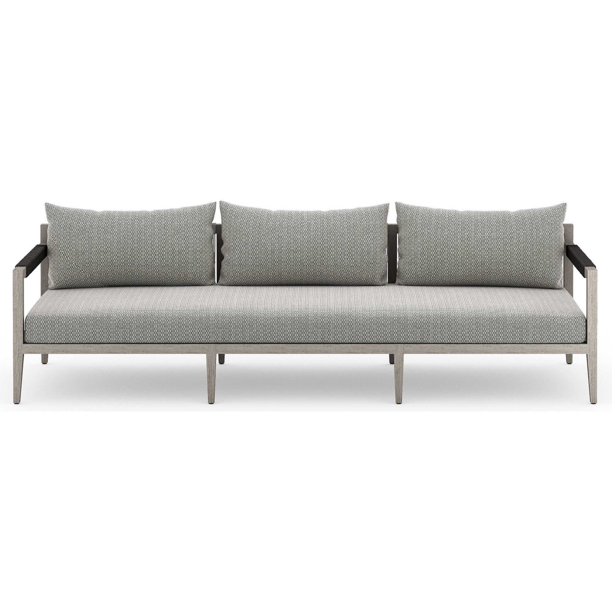 Sherwood Outdoor Sofa, Weathered Grey by Four Hands. Made from 100% olefin, solid fsc®-certified teak, 100% polypropylene in a coastal style.