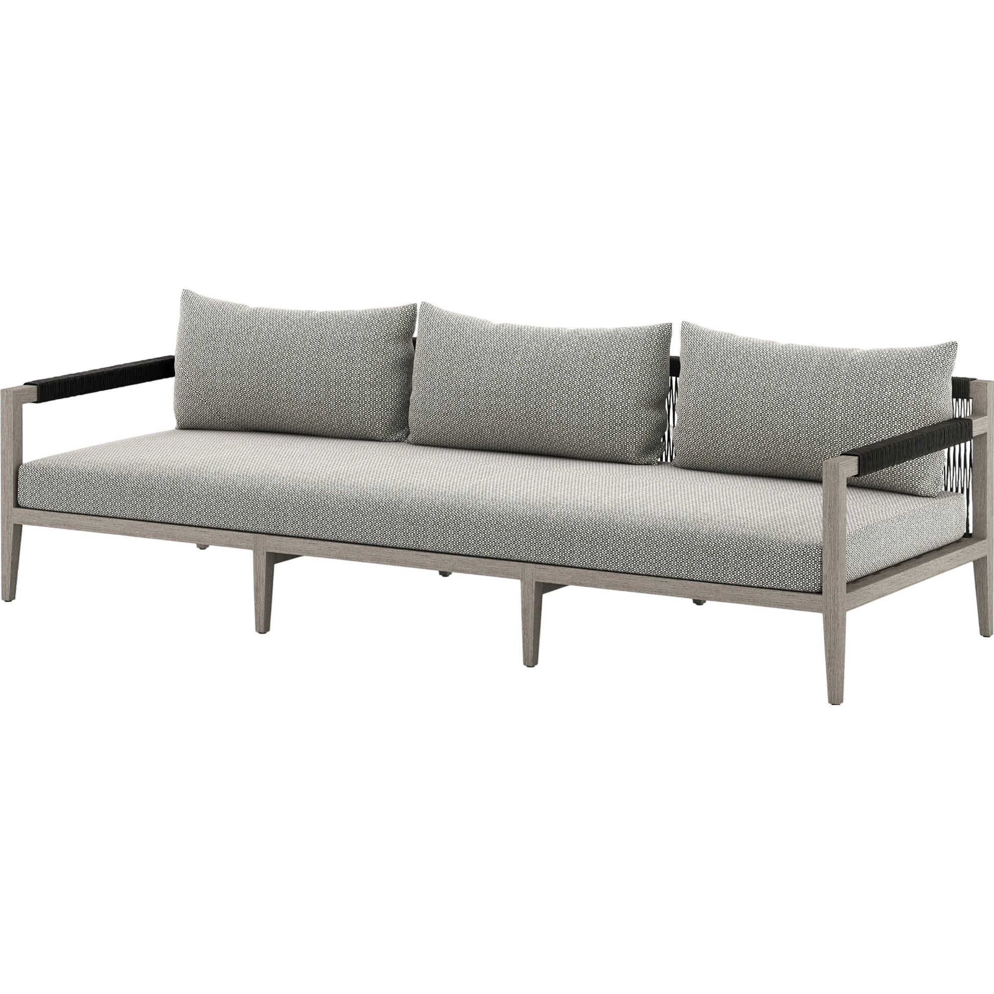 Sherwood Outdoor Sofa, Weathered Grey by Four Hands. Made from 100% olefin, solid fsc®-certified teak, 100% polypropylene in a coastal style.