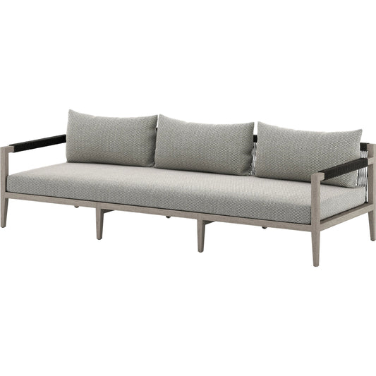 Sherwood Outdoor Sofa, Weathered Grey by Four Hands. Made from 100% olefin, solid fsc®-certified teak, 100% polypropylene in a coastal style.