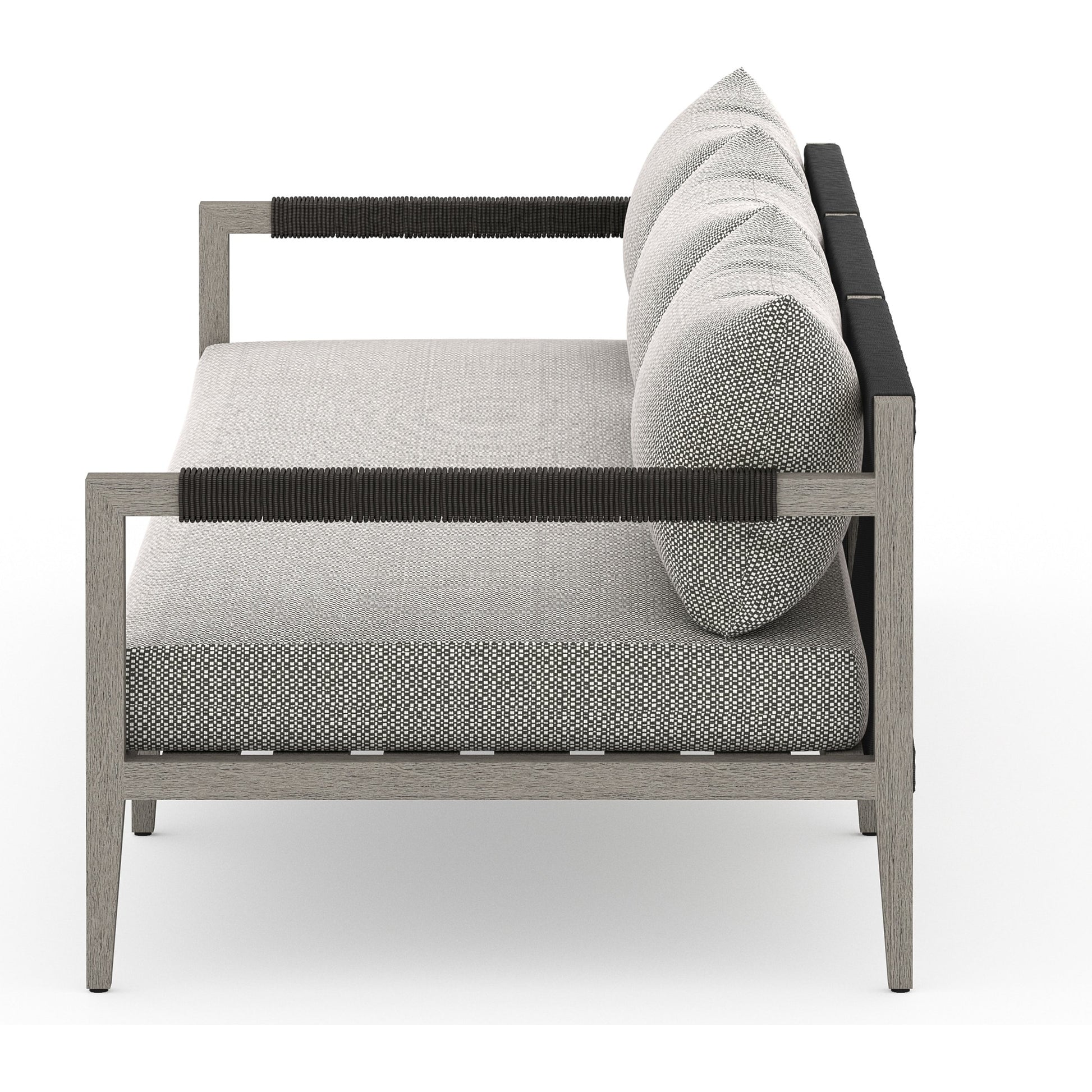 Sherwood Outdoor Sofa, Weathered Grey by Four Hands. Made from 100% olefin, solid fsc®-certified teak, 100% polypropylene in a coastal style.