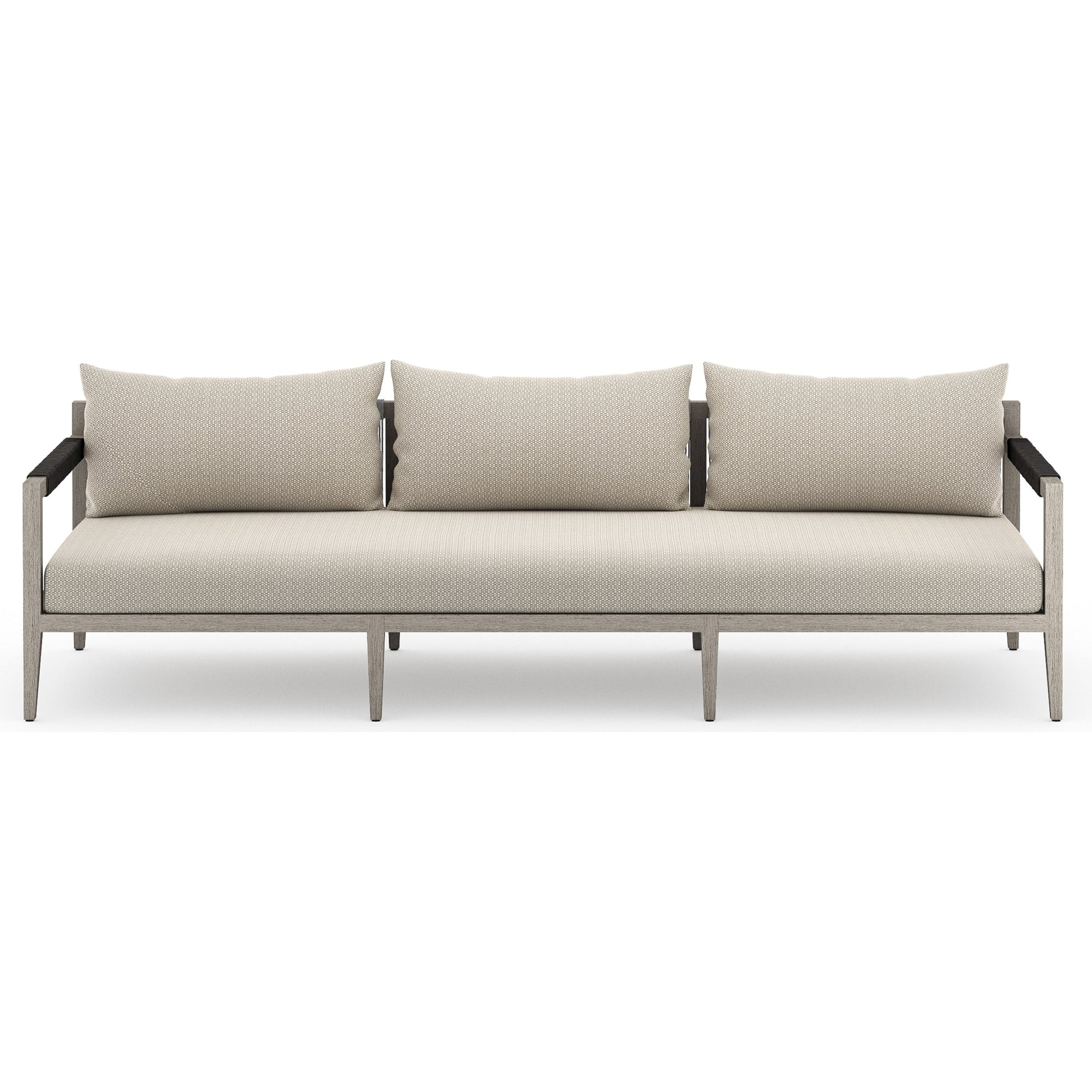 Sherwood Outdoor Sofa, Weathered Grey by Four Hands. Made from 100% olefin, solid fsc®-certified teak, 100% polypropylene in a coastal style.