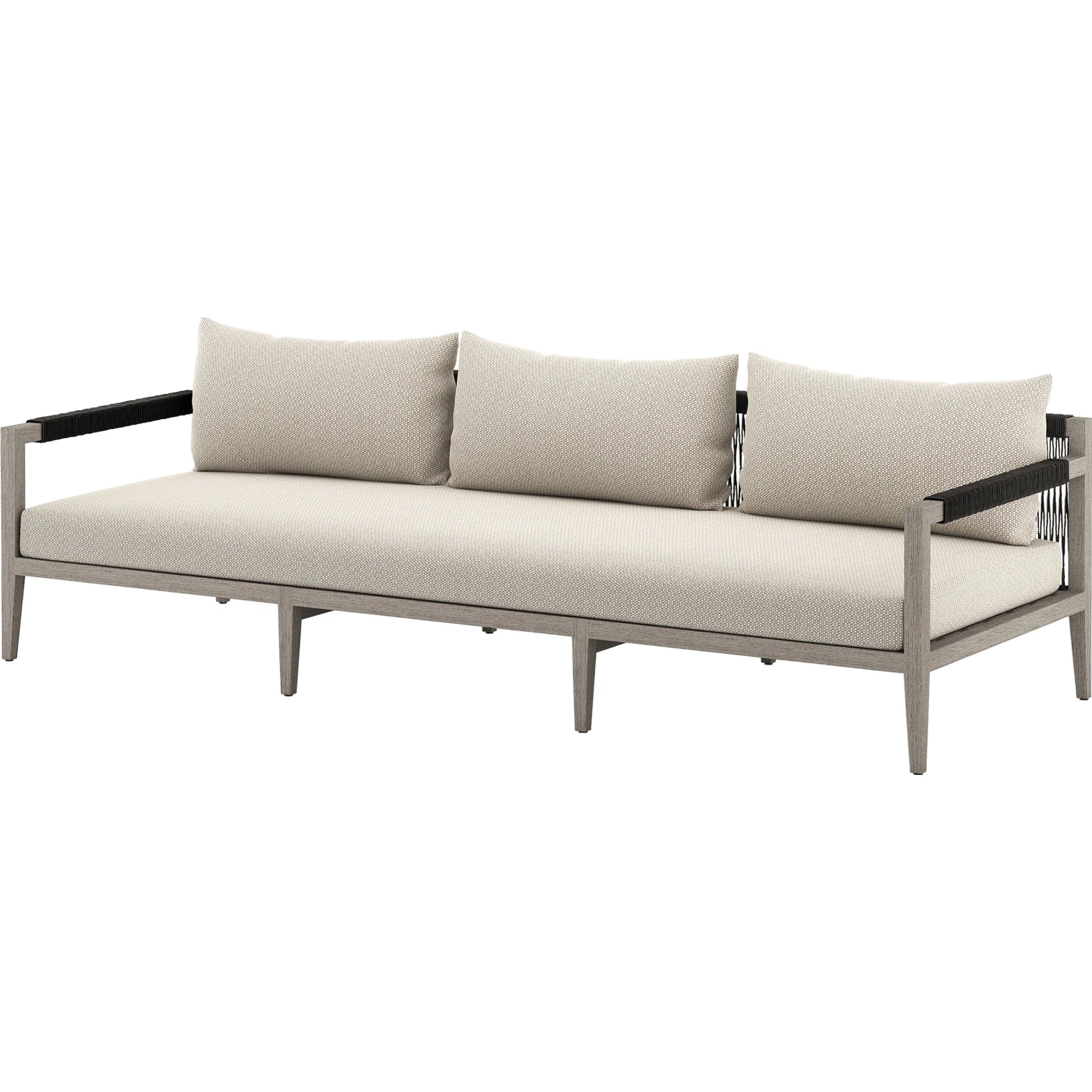 Sherwood Outdoor Sofa, Weathered Grey by Four Hands. Made from 100% olefin, solid fsc®-certified teak, 100% polypropylene in a coastal style.