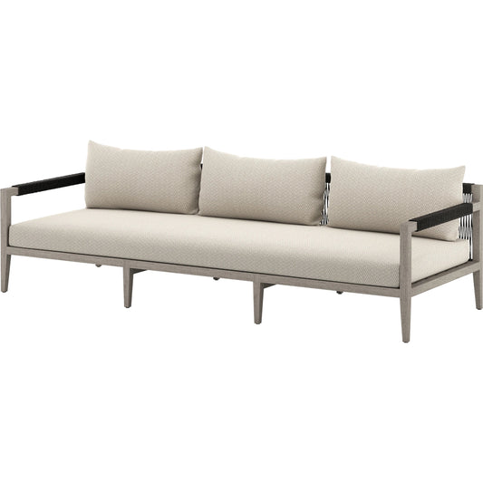 Sherwood Outdoor Sofa, Weathered Grey by Four Hands. Made from 100% olefin, solid fsc®-certified teak, 100% polypropylene in a coastal style.