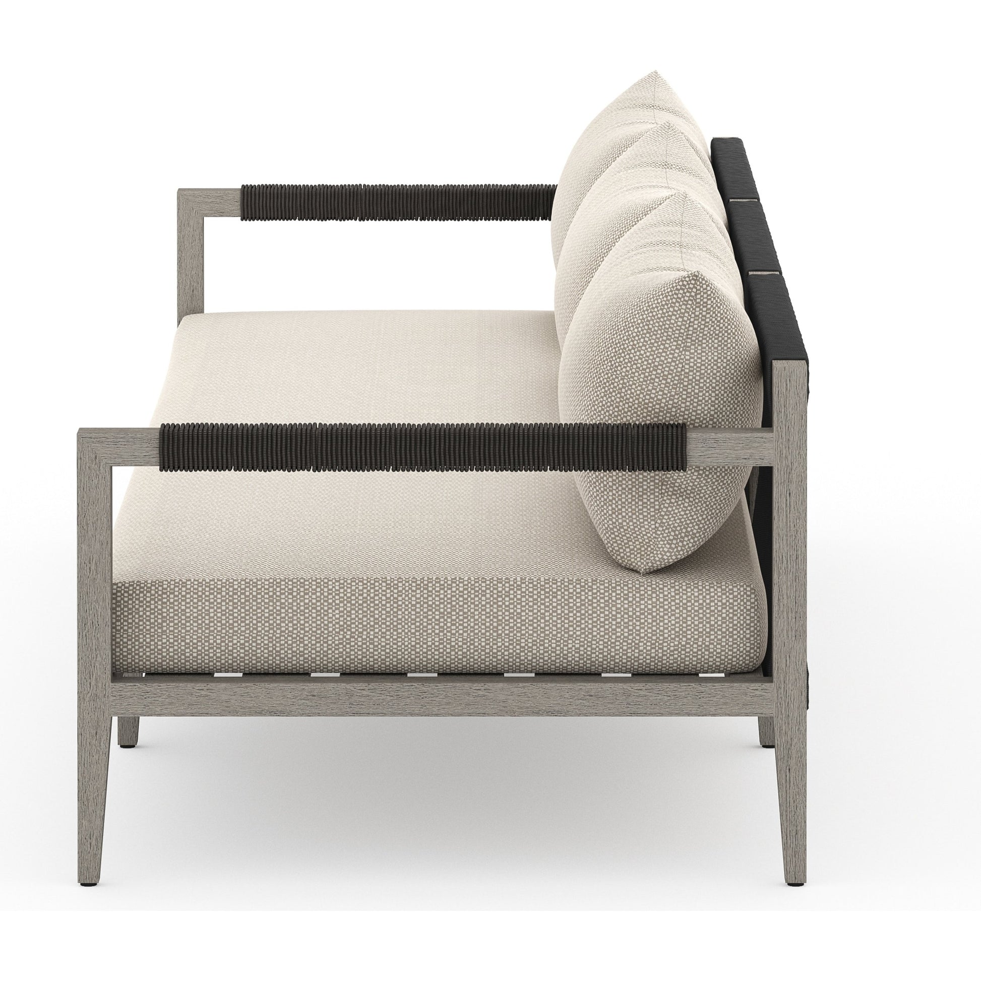 Sherwood Outdoor Sofa, Weathered Grey by Four Hands. Made from 100% olefin, solid fsc®-certified teak, 100% polypropylene in a coastal style.