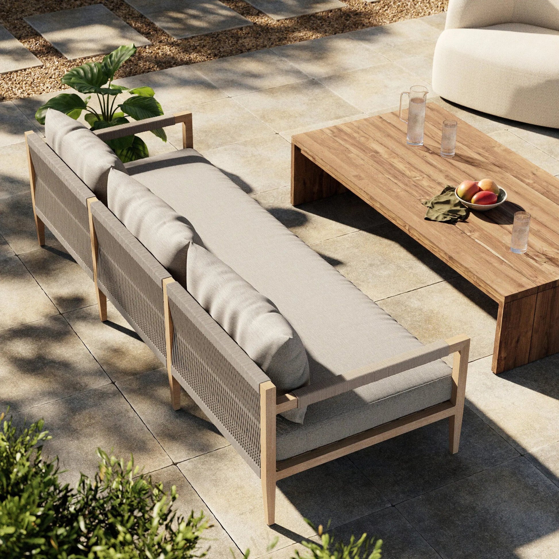 Sherwood Outdoor Sofa, Washed Brown by Four Hands. Made from 100% olefin, solid fsc®-certified teak, 100% polypropylene in a coastal style.
