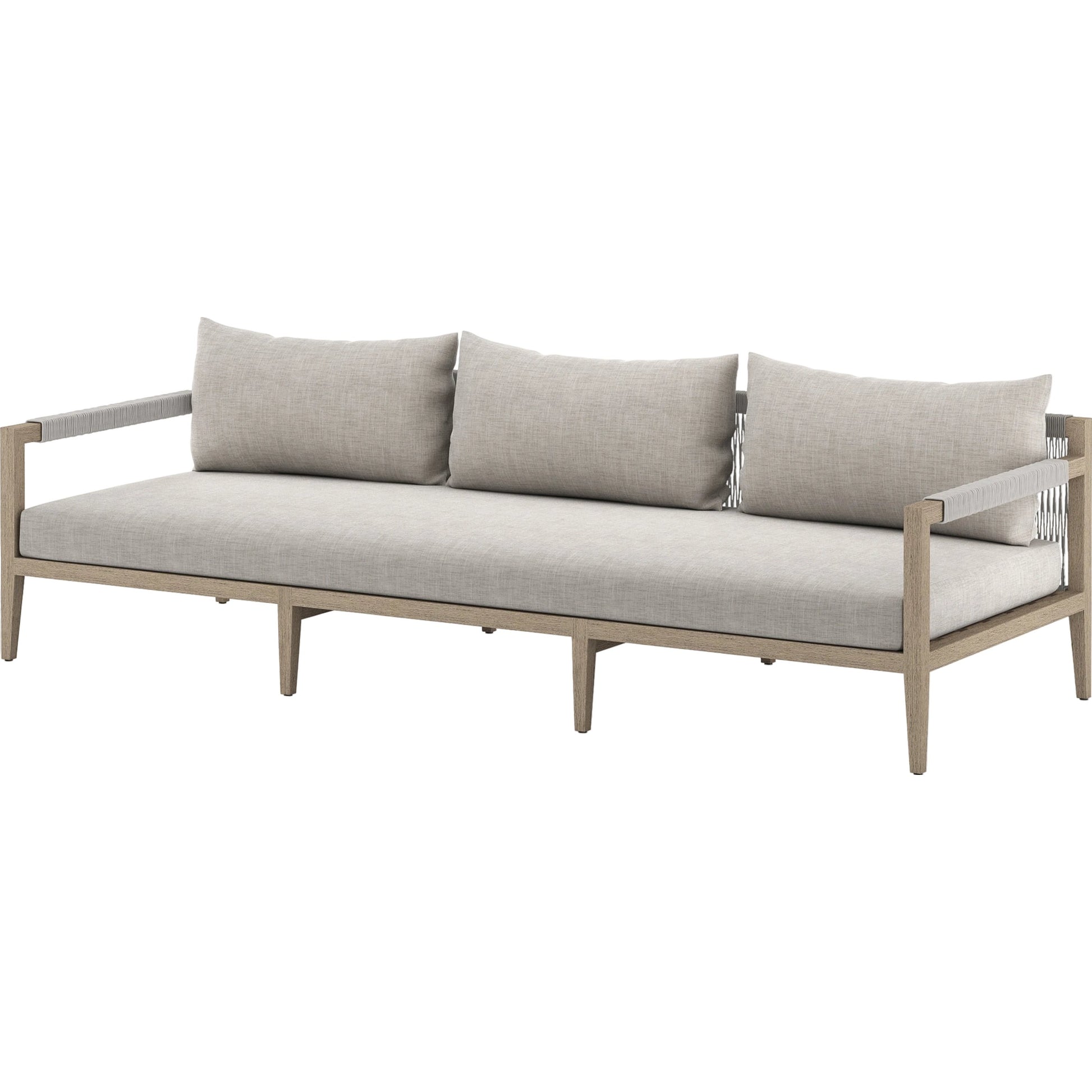 Sherwood Outdoor Sofa, Washed Brown by Four Hands. Made from 100% olefin, solid fsc®-certified teak, 100% polypropylene in a coastal style.