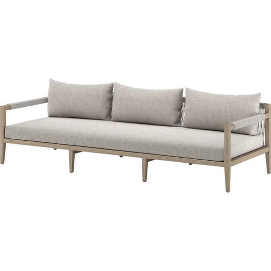 Sherwood Outdoor Sofa, Washed Brown by Four Hands. Made from 100% olefin, solid fsc®-certified teak, 100% polypropylene in a coastal style.