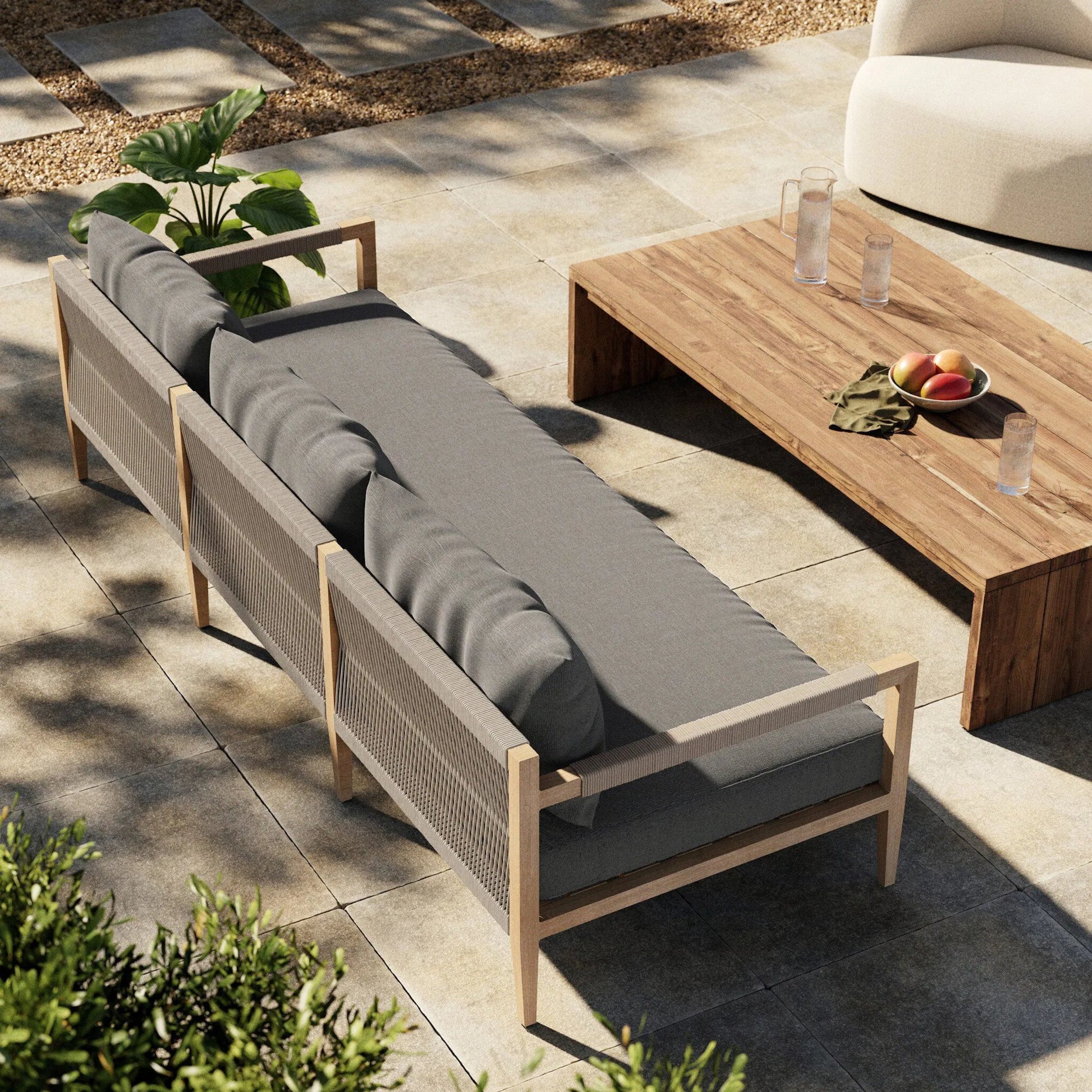 Sherwood Outdoor Sofa, Washed Brown by Four Hands. Made from 100% olefin, solid fsc®-certified teak, 100% polypropylene in a coastal style.